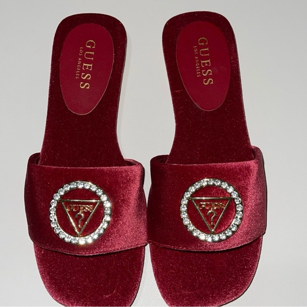 GUESS Women's Burgundy Velvet Slide Sandals